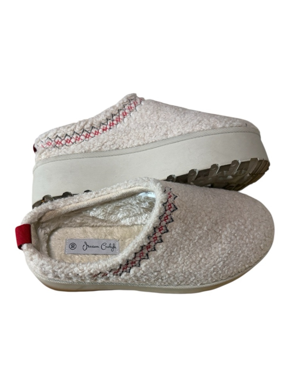 Jessica Cozy Sherpa platform Clog Slippers in Cream with Red Trim